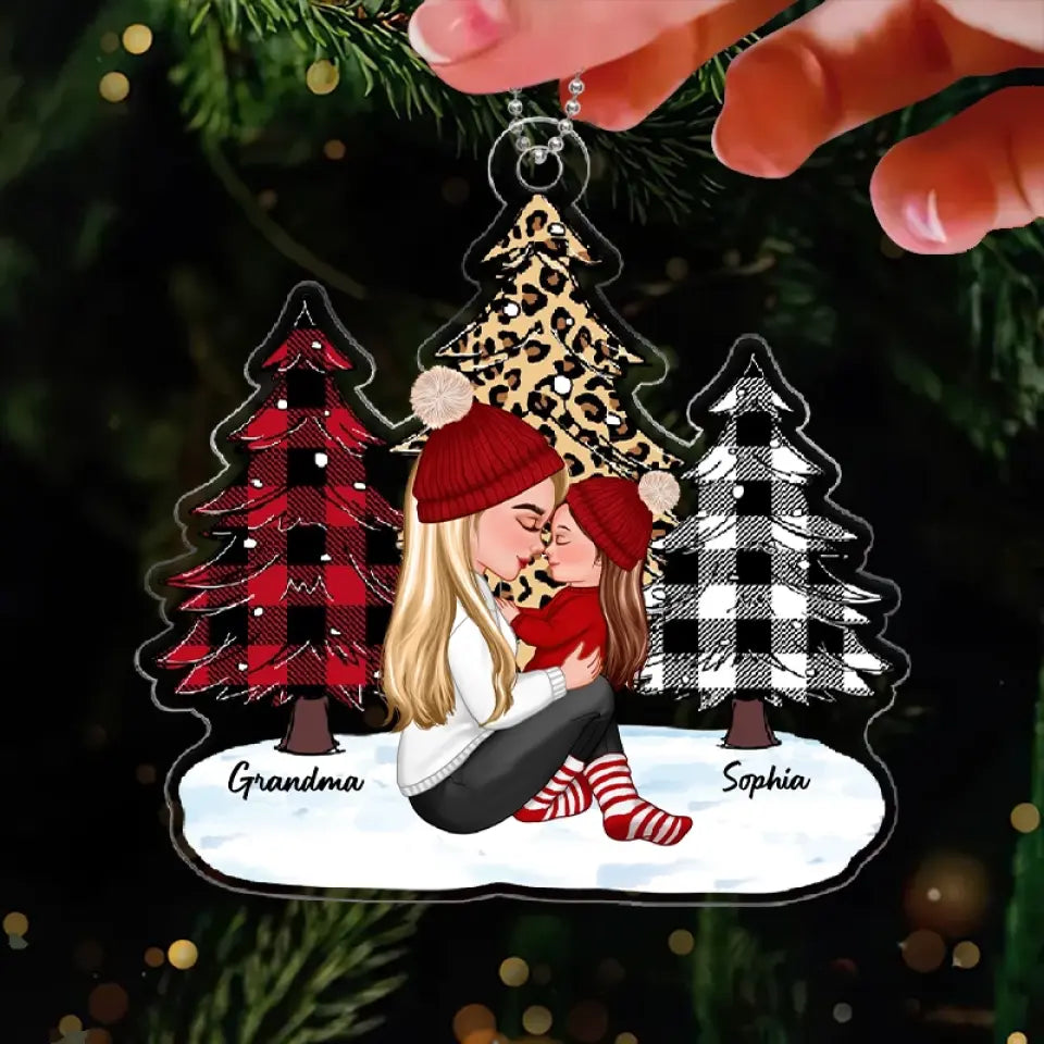 Leopard Checkered Pattern Christmas Tree Grandma Mom Holding Kid Side View Personalized Acrylic Ornament