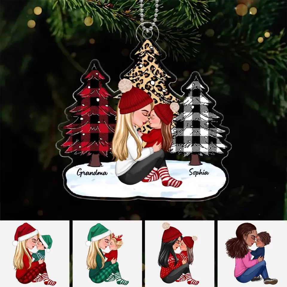 Leopard Checkered Pattern Christmas Tree Grandma Mom Holding Kid Side View Personalized Acrylic Ornament