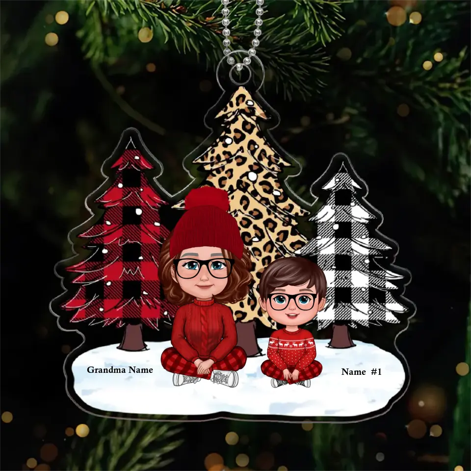 Leopard Checkered Pattern Christmas Tree Grandma Grandkids Personalized Acrylic Ornament