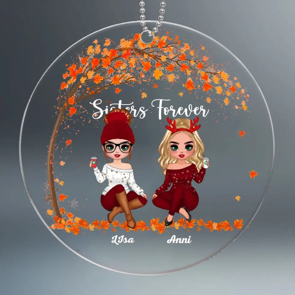 Doll Besties Sisters Sitting Under Tree Christmas Personalized Acrylic Ornament