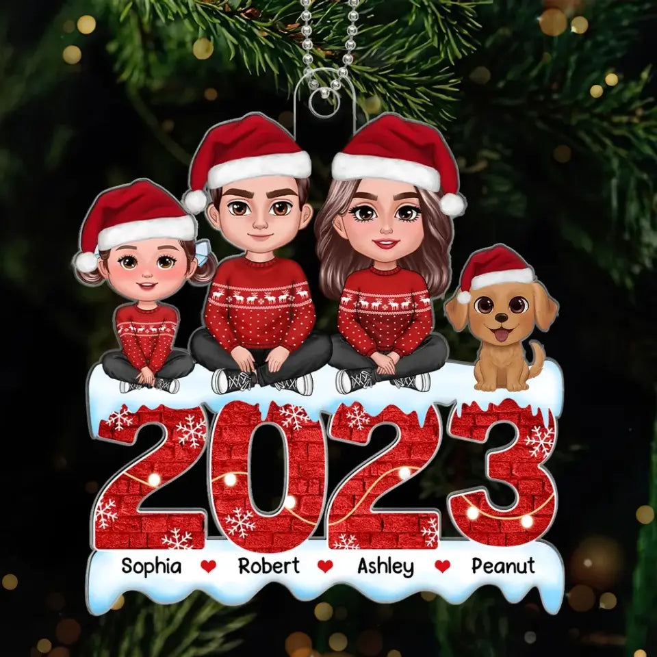 Brick Patterned 2023 Family Dad Mom Kids Dogs Cats Crossed Legs Sitting Personalized Acrylic Ornament