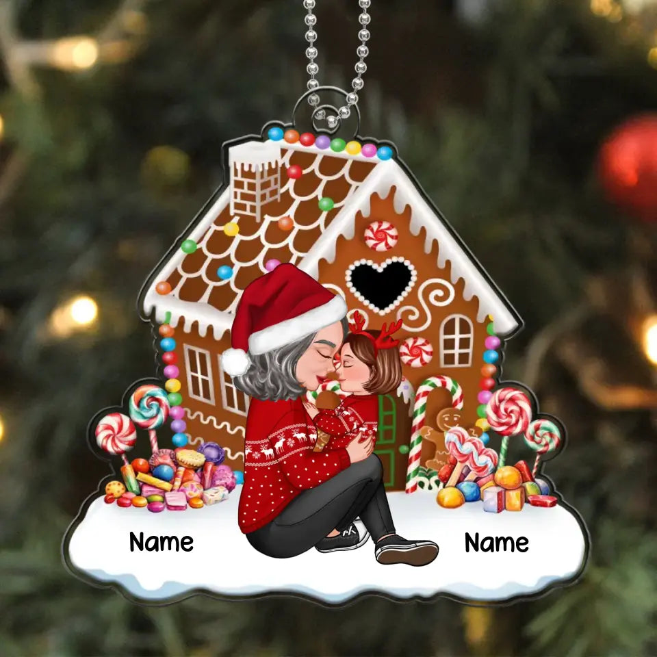 Grandma Mom Holding Kid Gingerbread House Personalized Acrylic Ornament