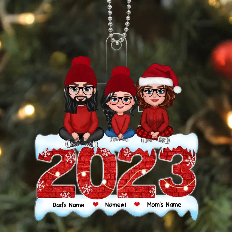 Brick Patterned 2023 Family Dad Mom Kids Dogs Cats Crossed Legs Sitting Personalized Acrylic Ornament