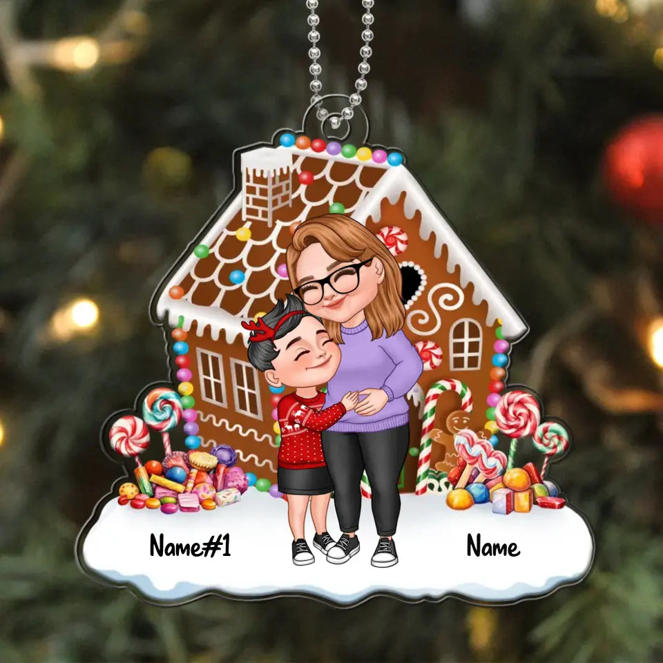 Cartoon Grandma & Grandkids Hugging Gingerbread House Personalized Acrylic Ornament