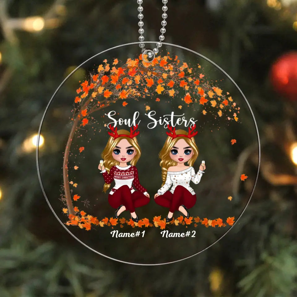 Doll Besties Sisters Sitting Under Tree Christmas Personalized Acrylic Ornament