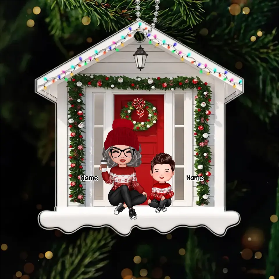 Grandma Grandkids Sitting Front Door House Shaped Personalized Acrylic Christmas Ornament