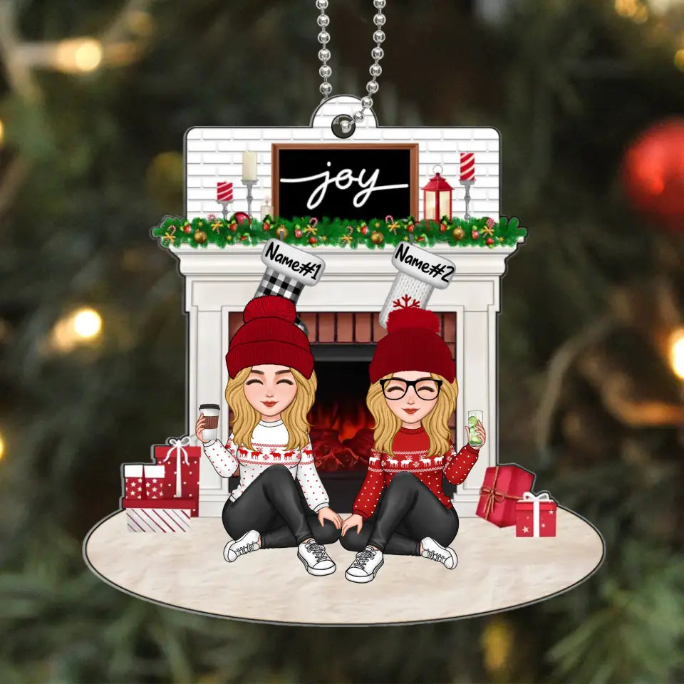 Cute Besties Sisters Sitting At Christmas Fireplace Gift For Best Friends Sisters Personalized Acrylic Ornament