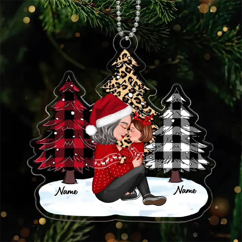 Leopard Checkered Pattern Christmas Tree Grandma Mom Holding Kid Side View Personalized Acrylic Ornament