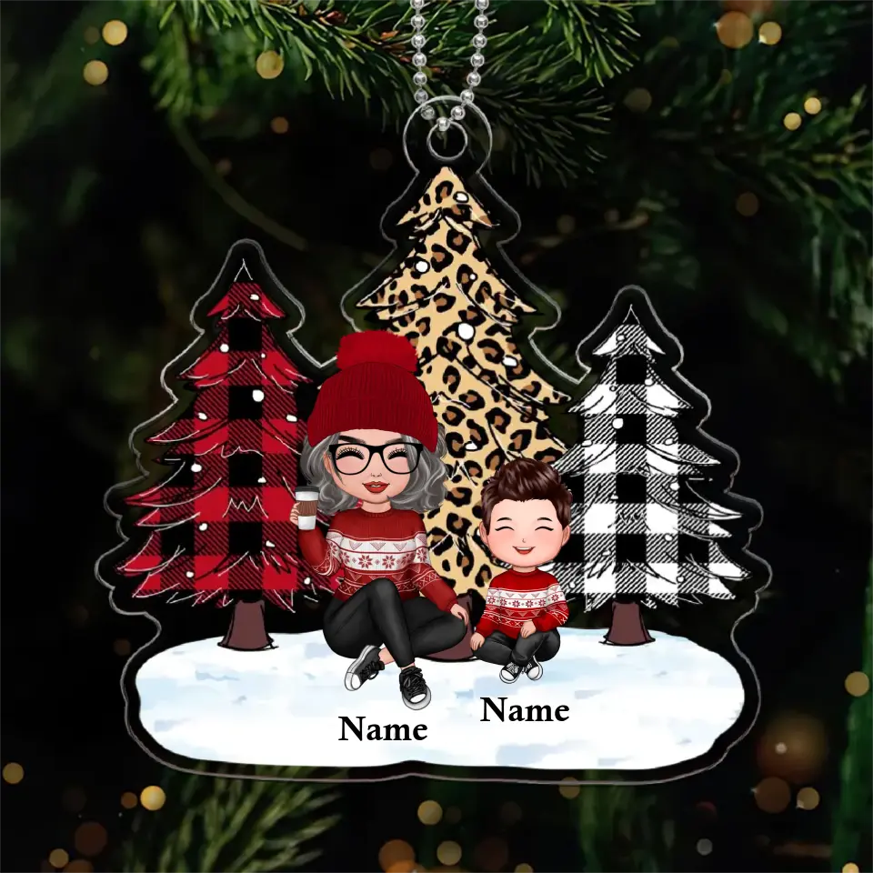 Leopard Checkered Pattern Christmas Tree Grandma Grandkids Happy Face Personalized Acrylic Ornament