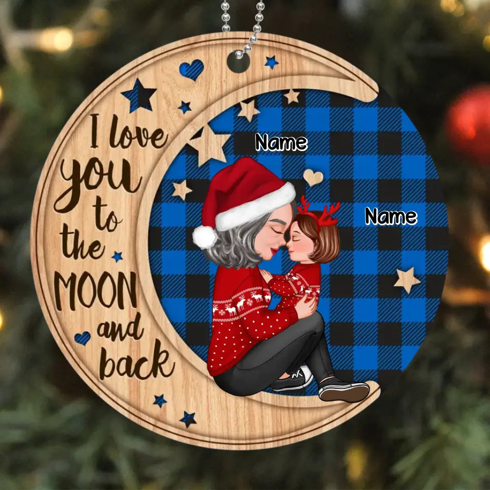 Checkered Pattern Grandma Mom Holding Kid Side View Personalized Wooden Ornament