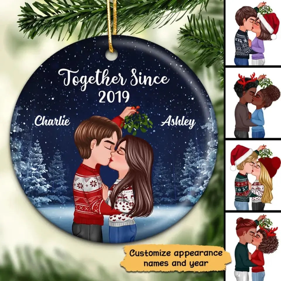 Couple Kissing Under Mistletoe Christmas Night Personalized Circle Ornament