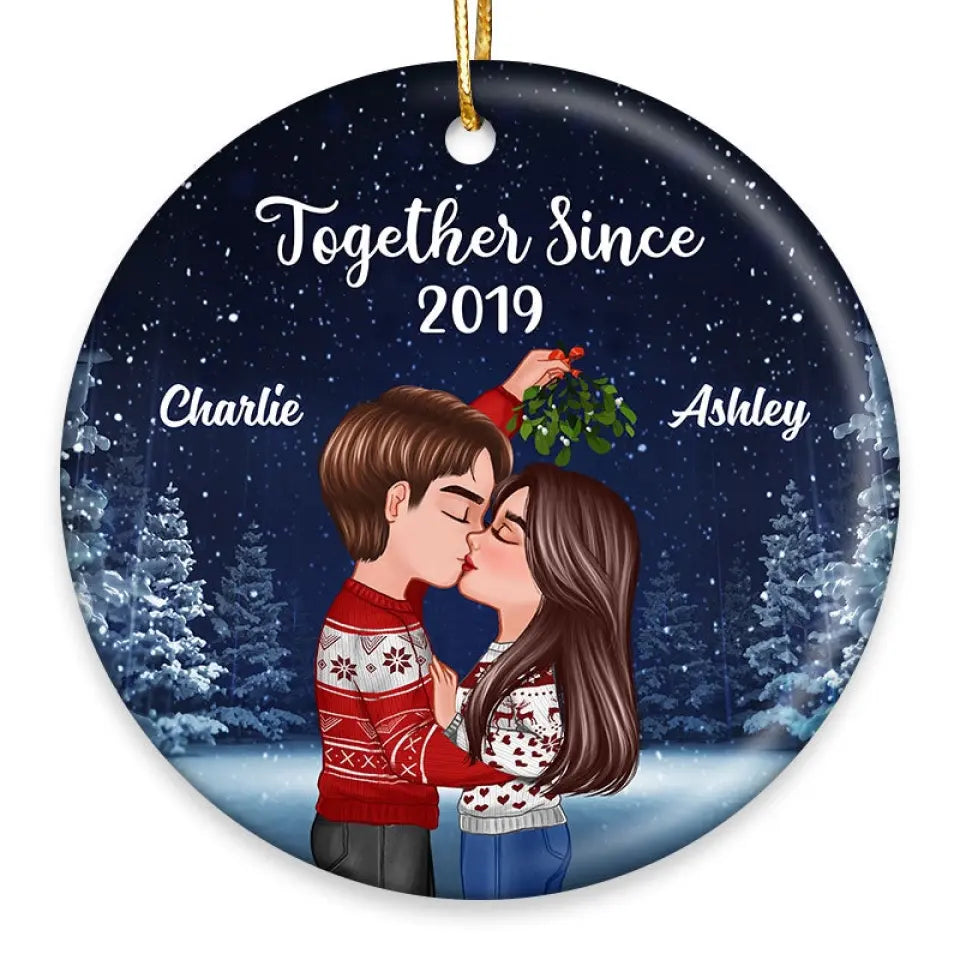 Couple Kissing Under Mistletoe Christmas Night Personalized Circle Ornament