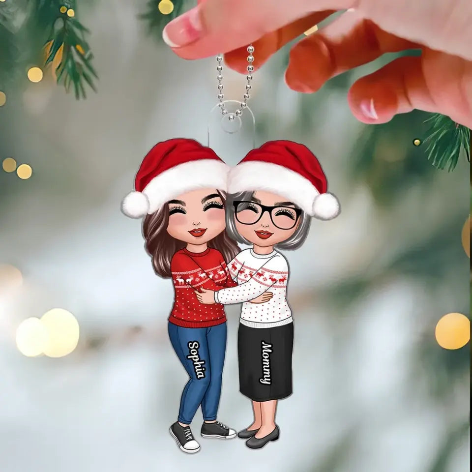 Doll Mom & Daughter Hugging Christmas Gift Personalized Acrylic Ornament