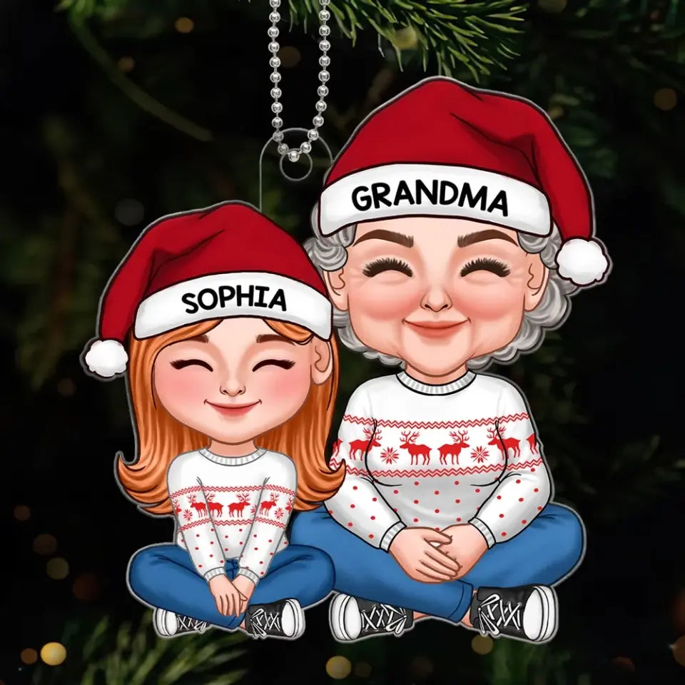 New Cartoon Grandma & Grandkid Sitting Together Personalized Acrylic Ornament