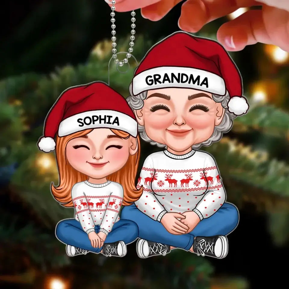 New Cartoon Grandma & Grandkid Sitting Together Personalized Acrylic Ornament