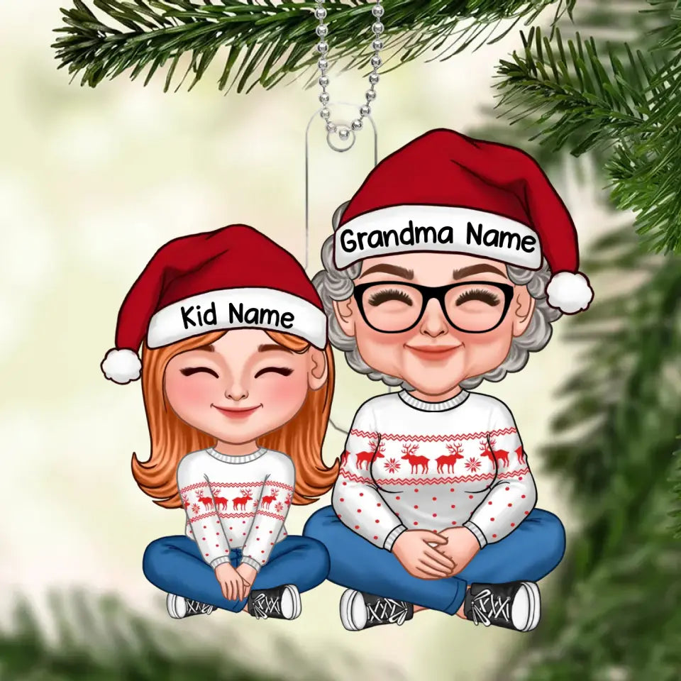 New Cartoon Grandma & Grandkid Sitting Together Personalized Acrylic Ornament