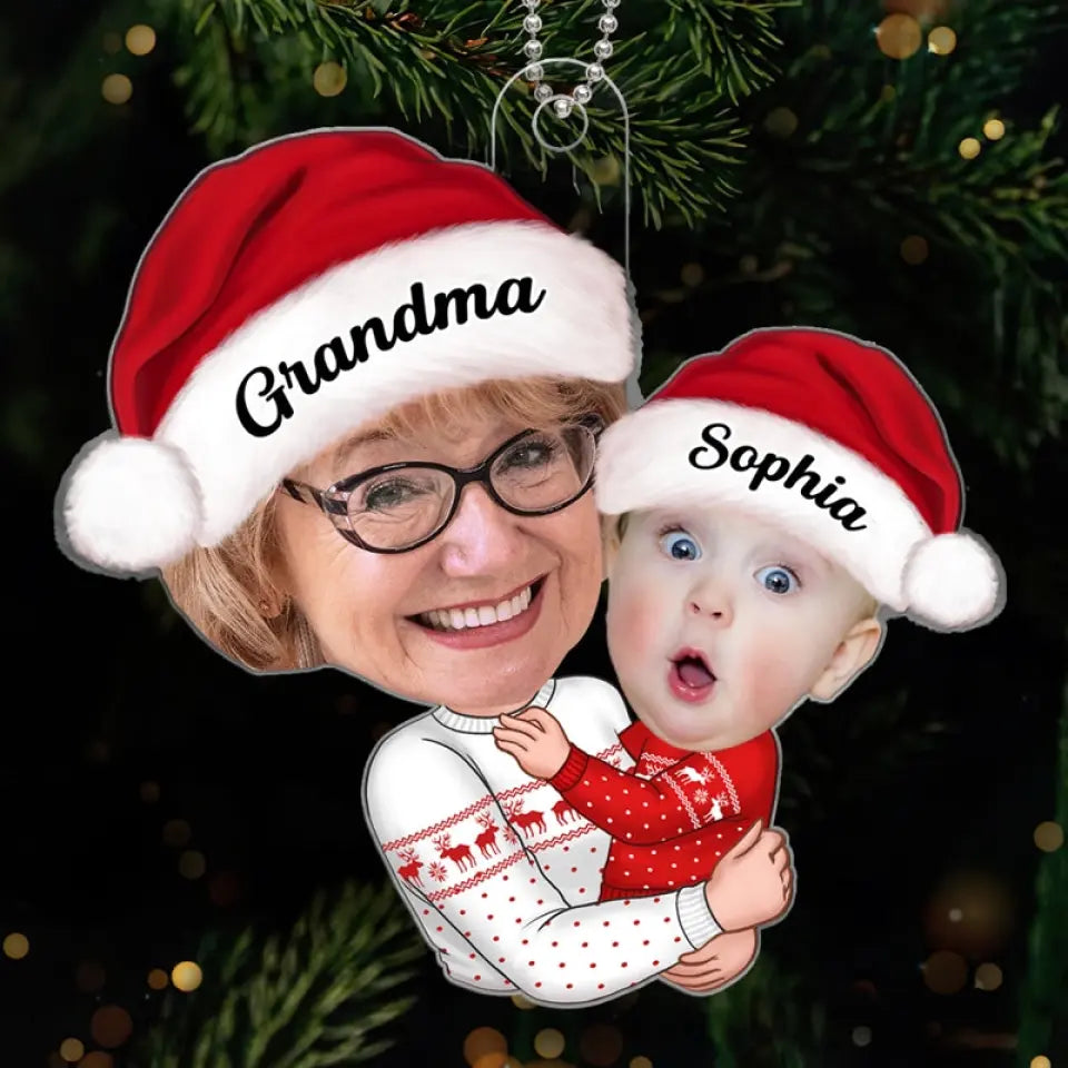 Doll Grandma Mom Hugging Kid Custom Face Photo Christmas Gift For Granddaughter Grandson Personalized Acrylic Ornament