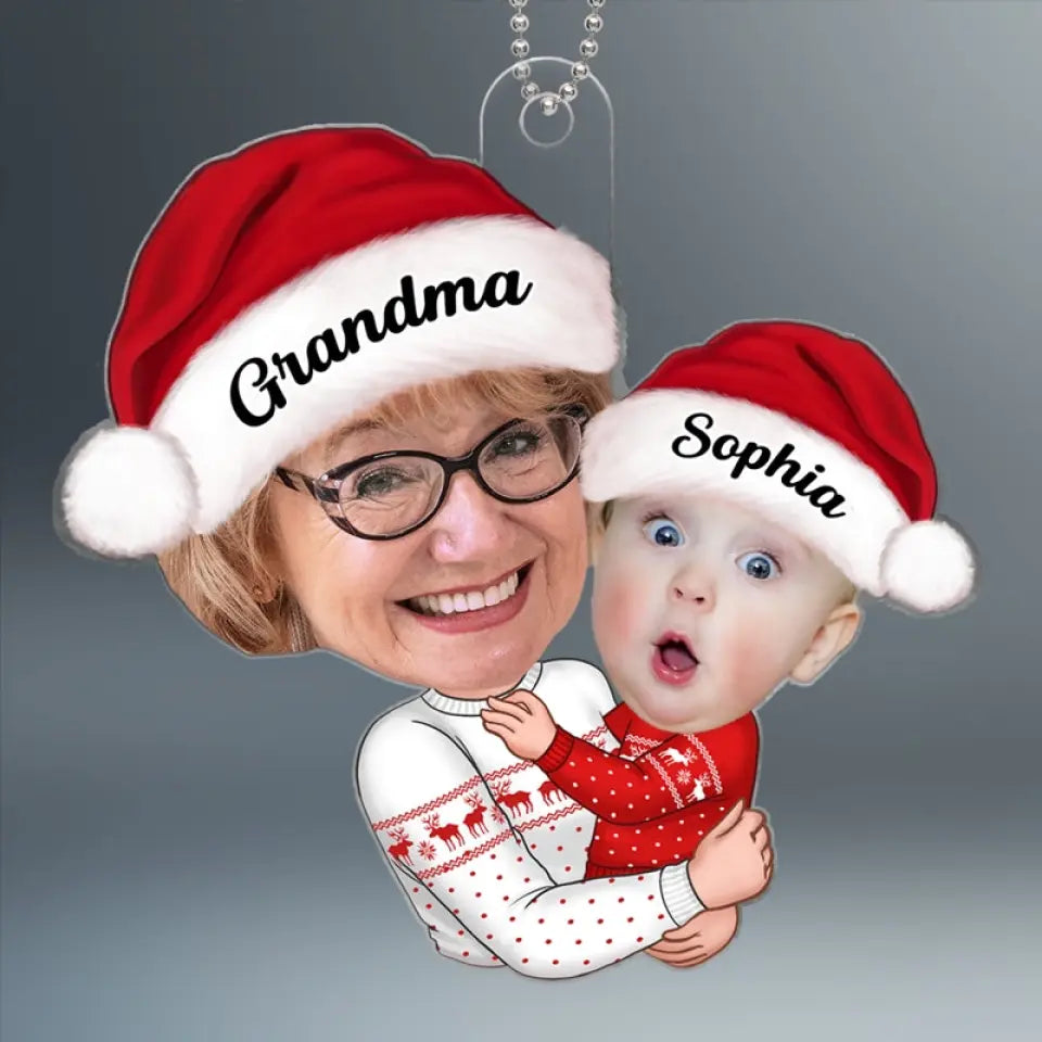 Doll Grandma Mom Hugging Kid Custom Face Photo Christmas Gift For Granddaughter Grandson Personalized Acrylic Ornament