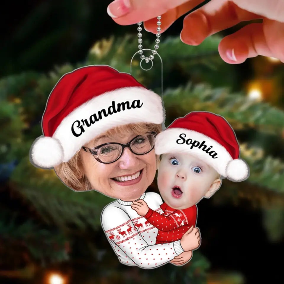 Doll Grandma Mom Hugging Kid Custom Face Photo Christmas Gift For Granddaughter Grandson Personalized Acrylic Ornament