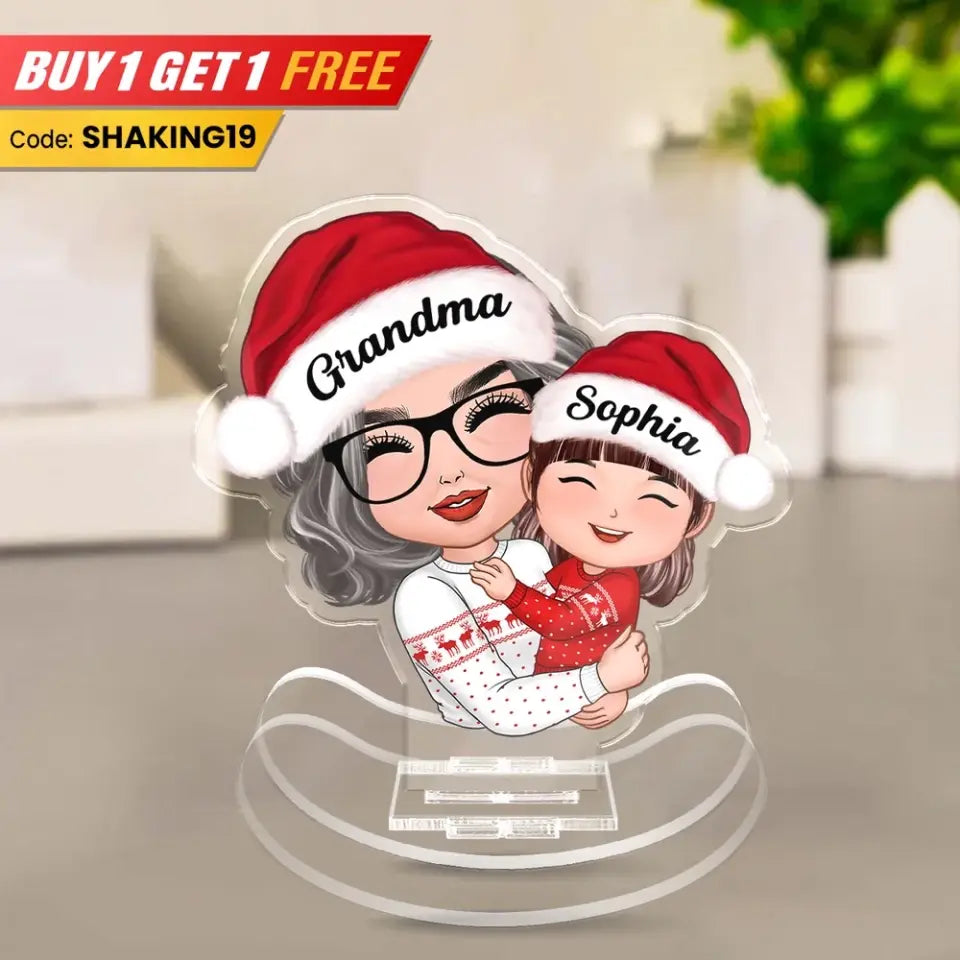 [BUY 1, GET 1 FREE] Doll Grandma Hugging Kid Christmas Gift For Granddaughter Grandson Personalized Acrylic Shaking Stand