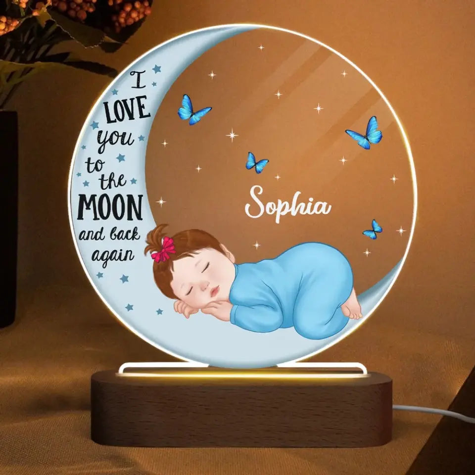 Baby Sleeping On Moon Personalized Circle LED Night Light