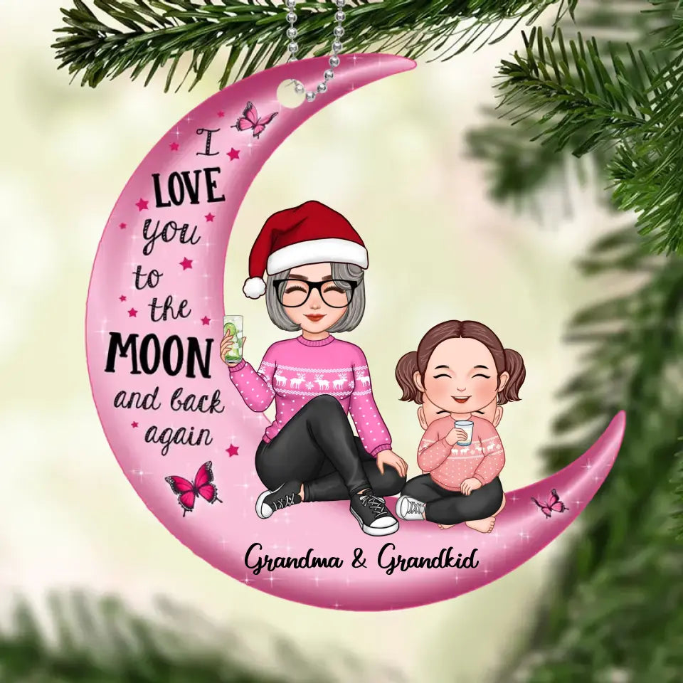 Cute Grandma Grandpa & Grandkid On Pink Moon Christmas Gift Personalized Acrylic Ornament