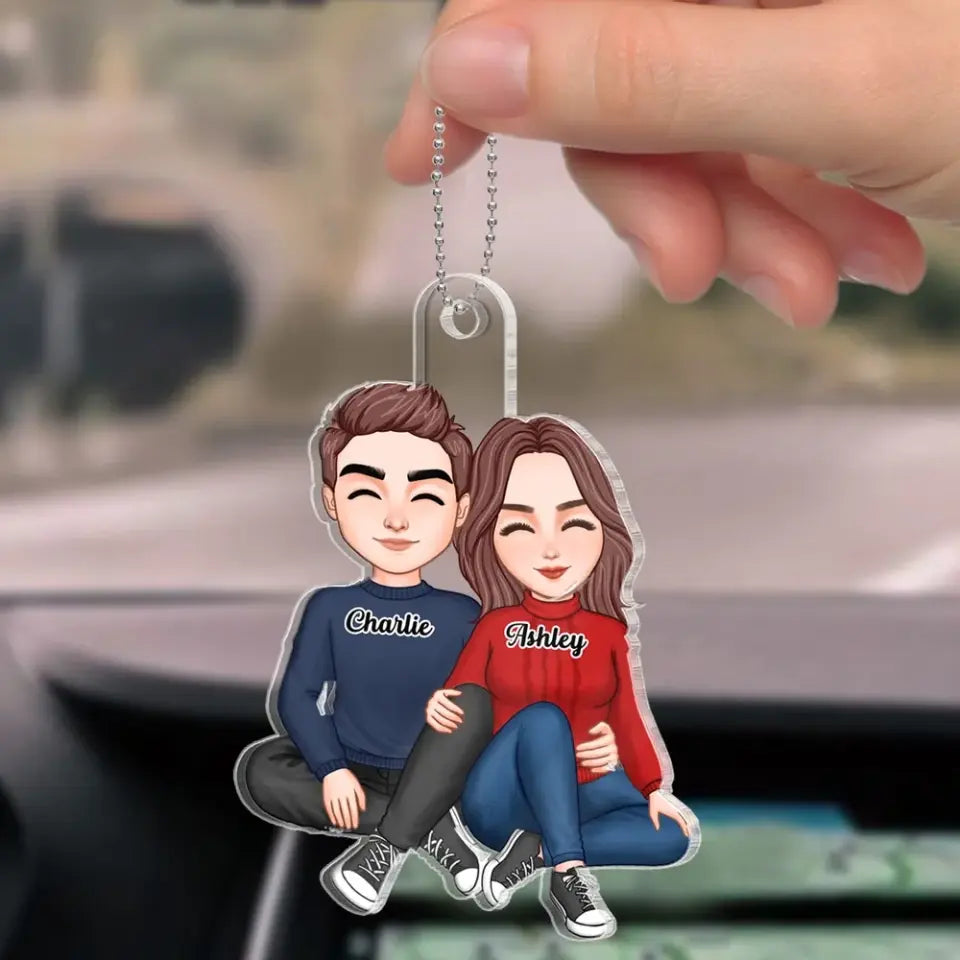 Cute Couple Sitting Hugging Personalized Acrylic Car Hanger