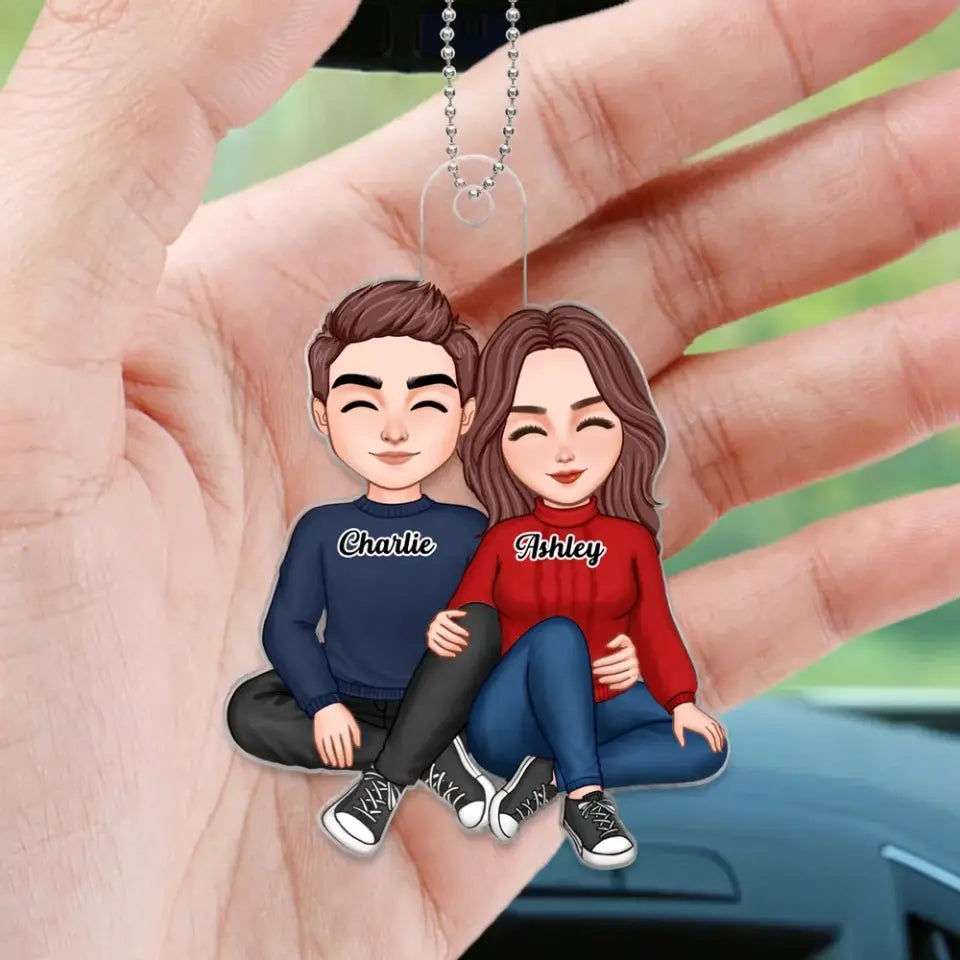 Cute Couple Sitting Hugging Personalized Acrylic Car Hanger