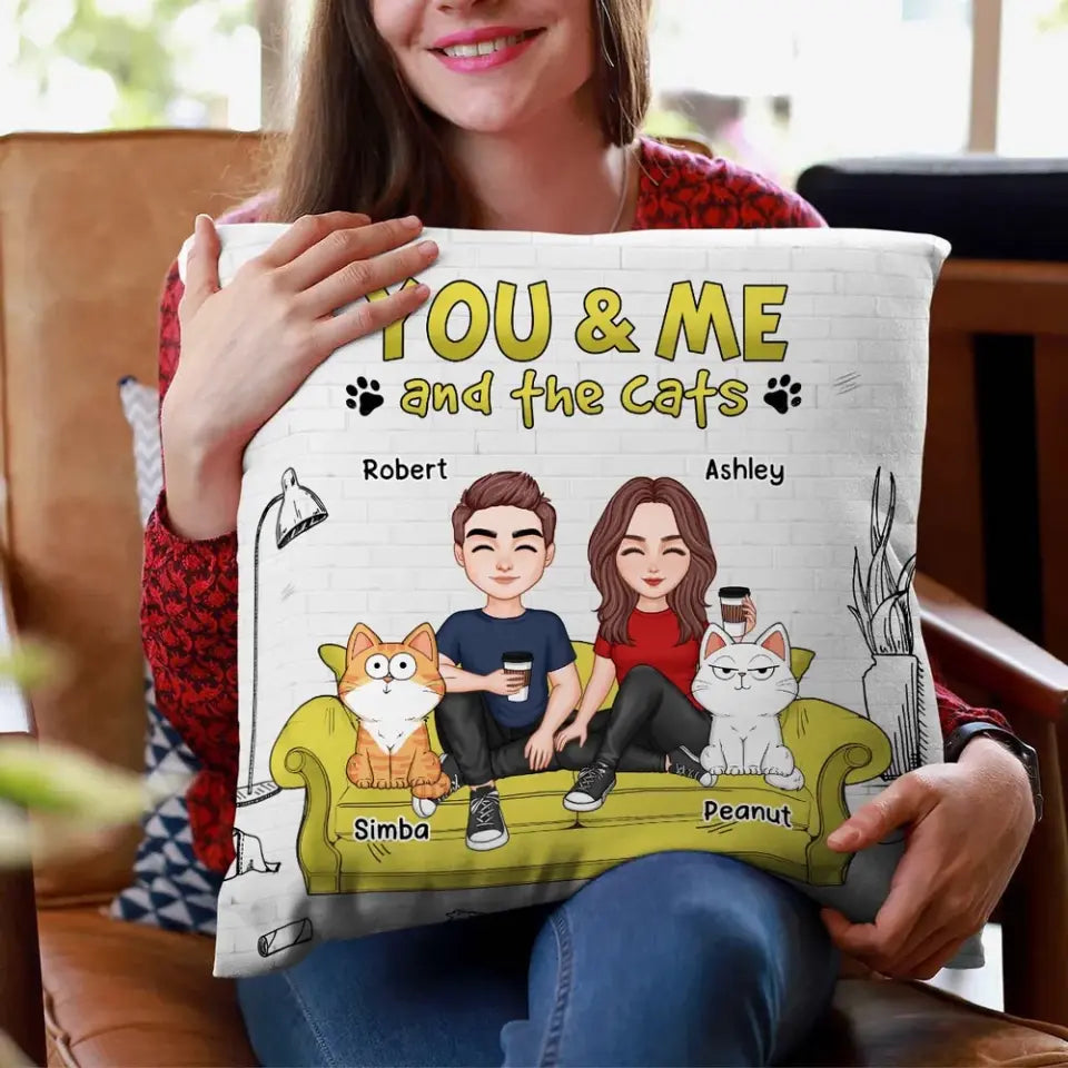 Couple And Funny Cats You Me And The Cats Personalized Pillow