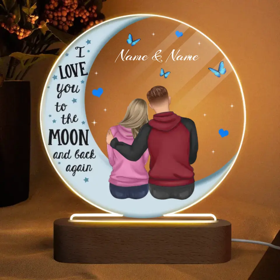 I Love You to The Moon and Back Again - Personalized Couple Plaque LED Night Light - Gift For Couple