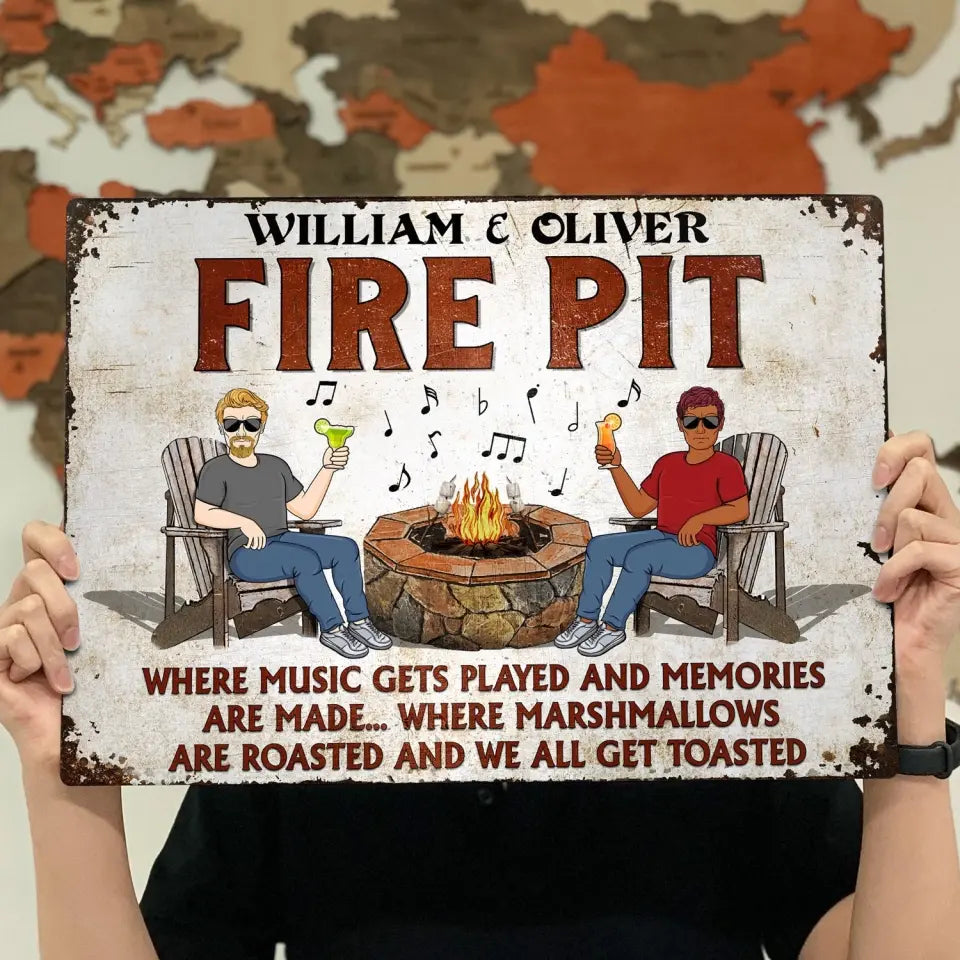 Fire Pit Where Music Gets Played Husband Wife Camping Couple - Backyard Sign - Personalized Custom Classic Metal Signs