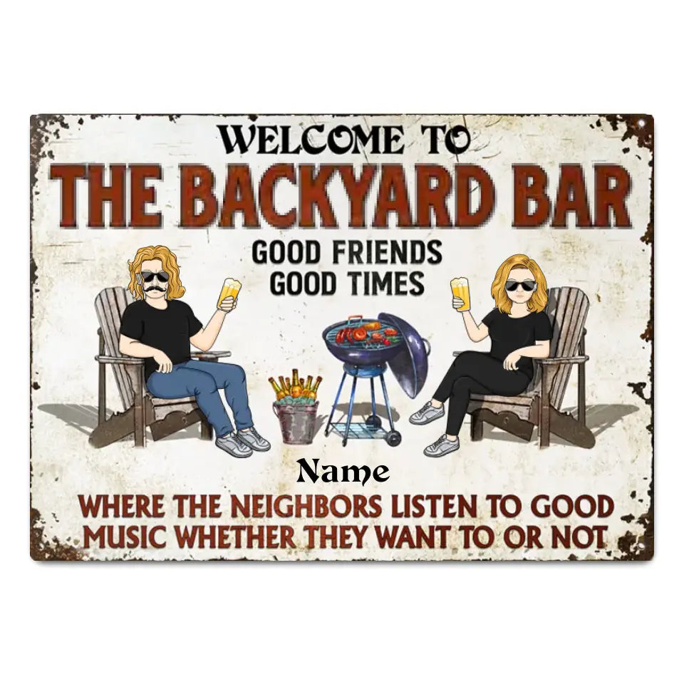 Patio Grilling Listen To The Good Music Couple Husband Wife - Backyard Sign - Personalized Custom Classic Metal Signs