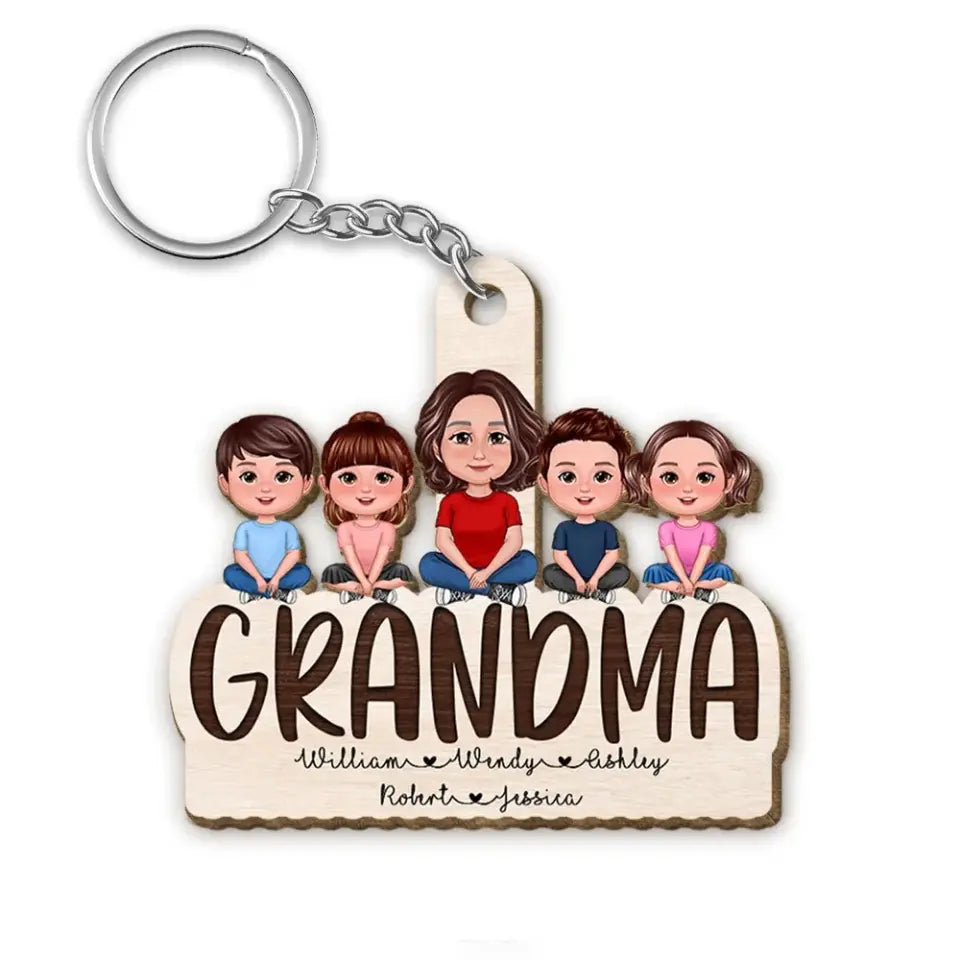 Grandma Grandkids Sitting On Text Personalized Acrylic Keychain