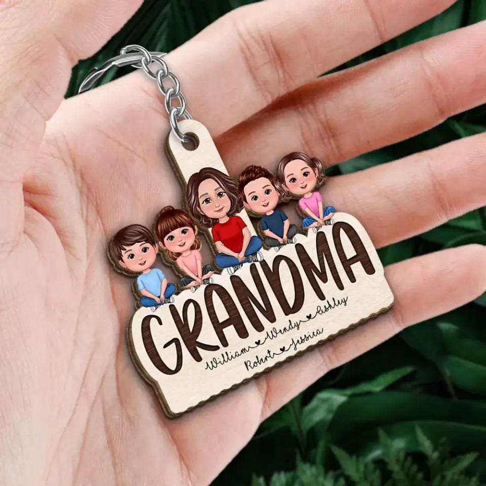 Grandma Grandkids Sitting On Text Personalized Acrylic Keychain