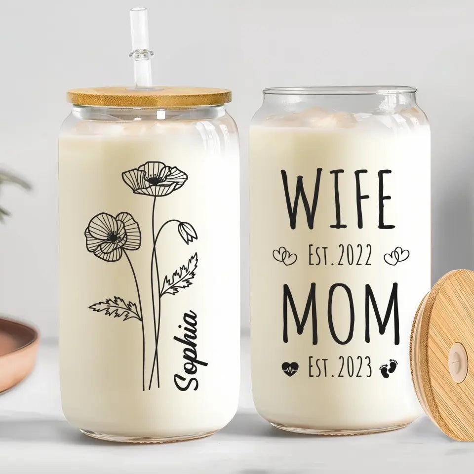 Wife Mom Est Birthflower Mother's Day Birthday Gift - Personalized Clear Glass Can