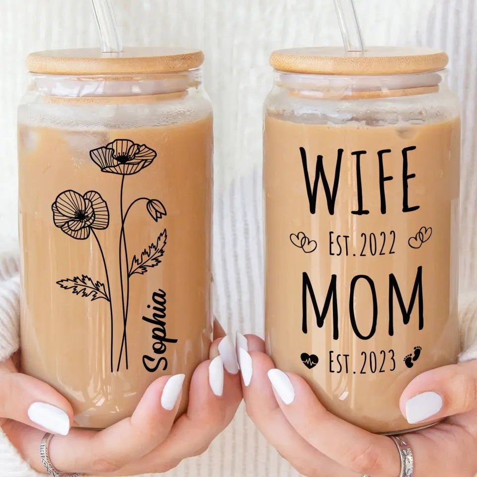 Wife Mom Est Birthflower Mother's Day Birthday Gift - Personalized Clear Glass Can