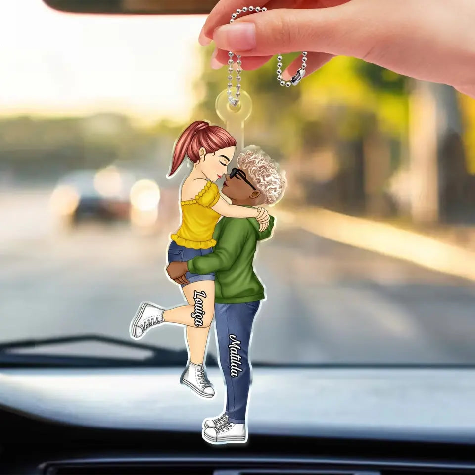 Chibi Couple Kissing - Anniversary Gift For Couples - Personalized Acrylic Car Hanger