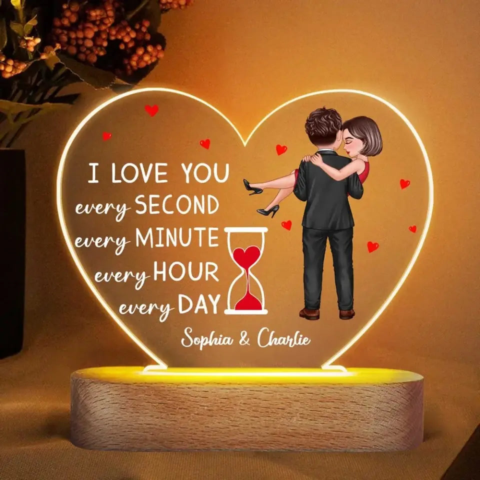 Doll Couple Holding Hourglass Valentine‘s Day Gift Personalized Heart Acrylic LED Night Light