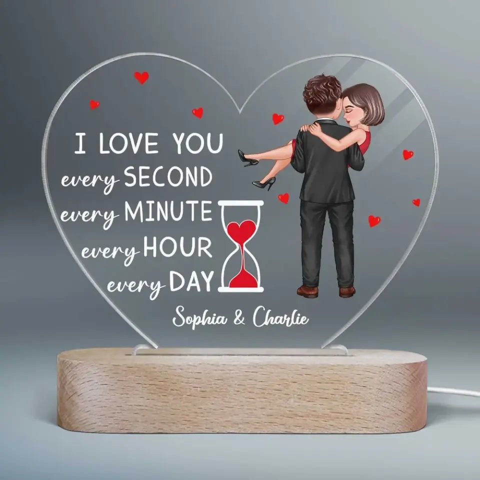 Doll Couple Holding Hourglass Valentine‘s Day Gift Personalized Heart Acrylic LED Night Light