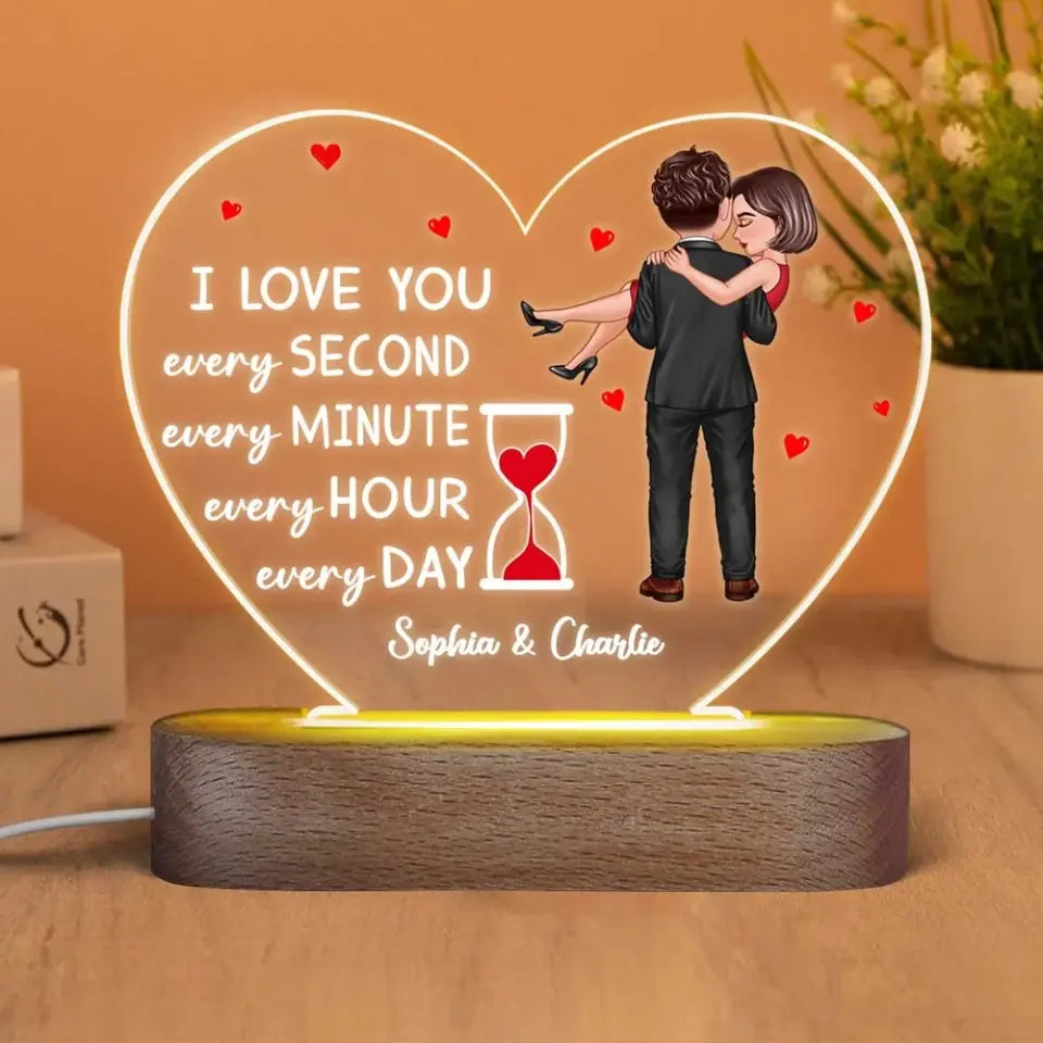 Doll Couple Holding Hourglass Valentine‘s Day Gift Personalized Heart Acrylic LED Night Light