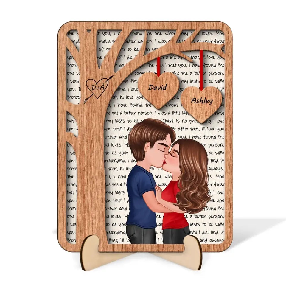 Couple Kissing Under Tree Letters Background Personalized 2-Layer Wooden Plaque