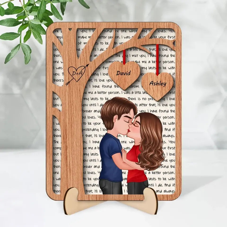 Couple Kissing Under Tree Letters Background Personalized 2-Layer Wooden Plaque