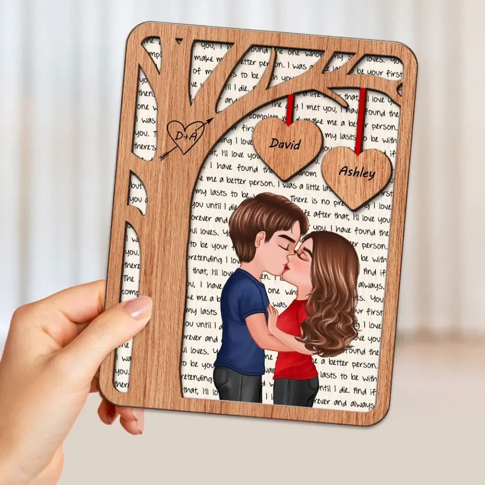 Couple Kissing Under Tree Letters Background Personalized 2-Layer Wooden Plaque