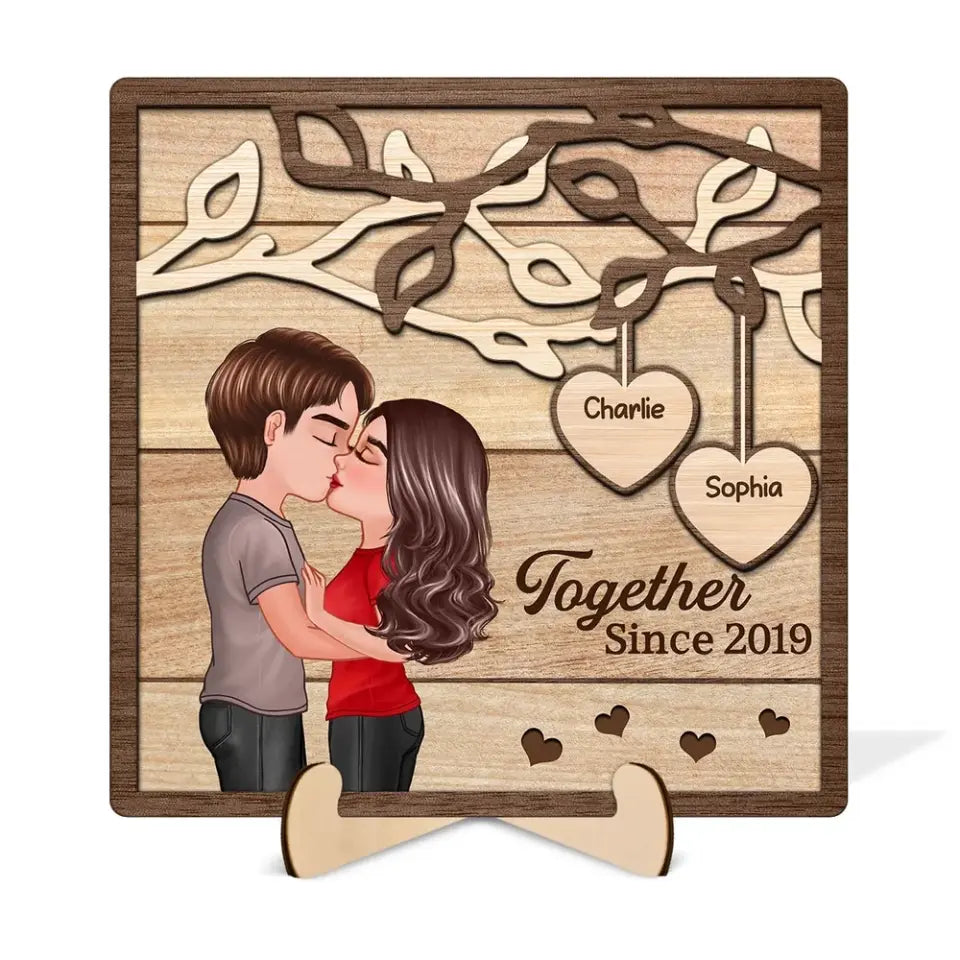 Couple Kissing Under Tree Personalized 2-Layer Wooden Plaque