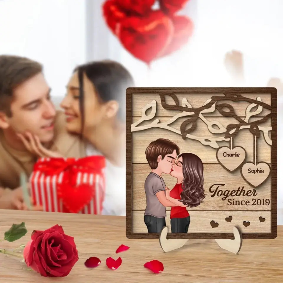 Couple Kissing Under Tree Personalized 2-Layer Wooden Plaque