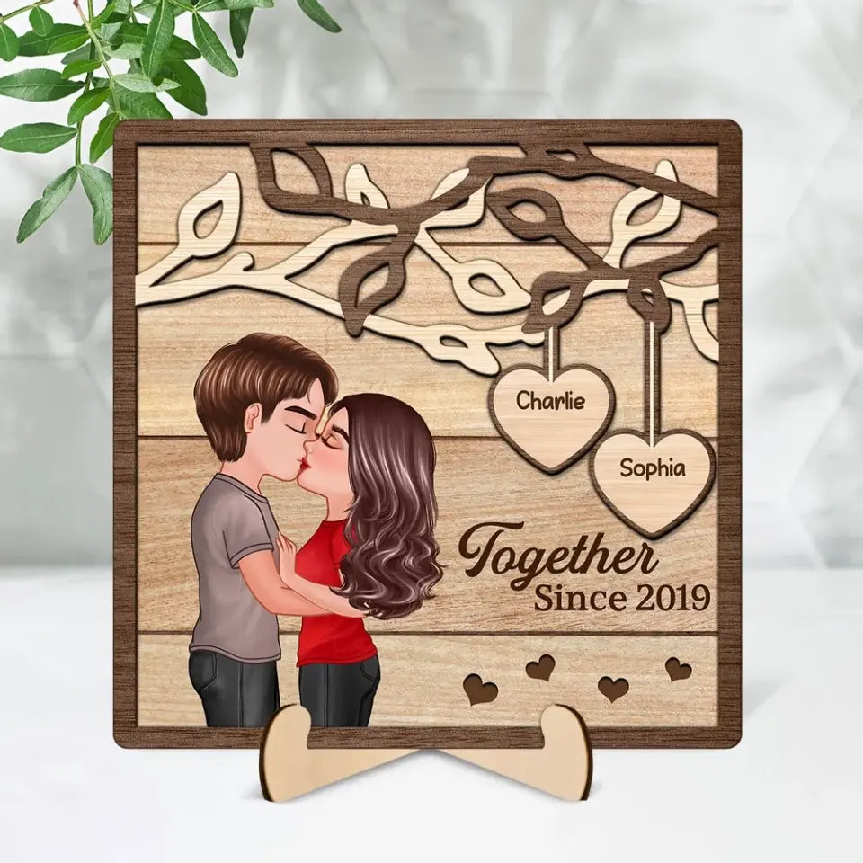 Couple Kissing Under Tree Personalized 2-Layer Wooden Plaque