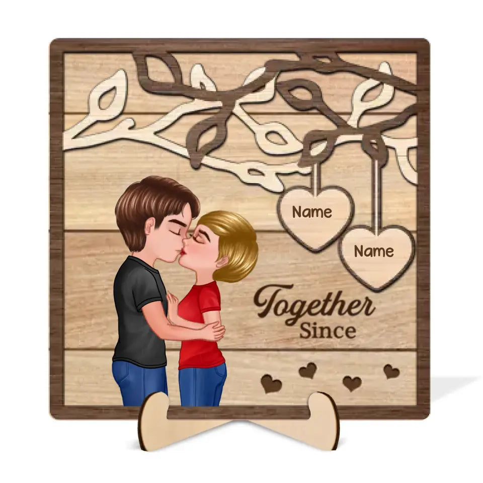 Couple Kissing Under Tree Personalized 2-Layer Wooden Plaque