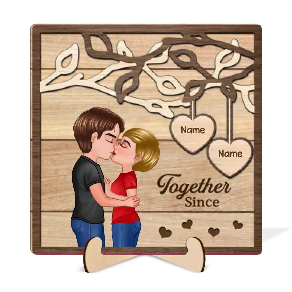 Couple Kissing Under Tree Personalized 2-Layer Wooden Plaque