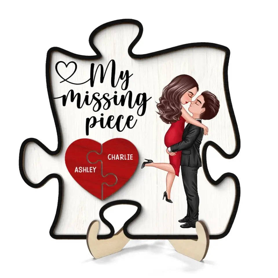 My Missing Piece Couple Hugging Kissing Valentine‘s Day Gift Puzzle Shaped Personalized 2-Layer Wooden Plaque