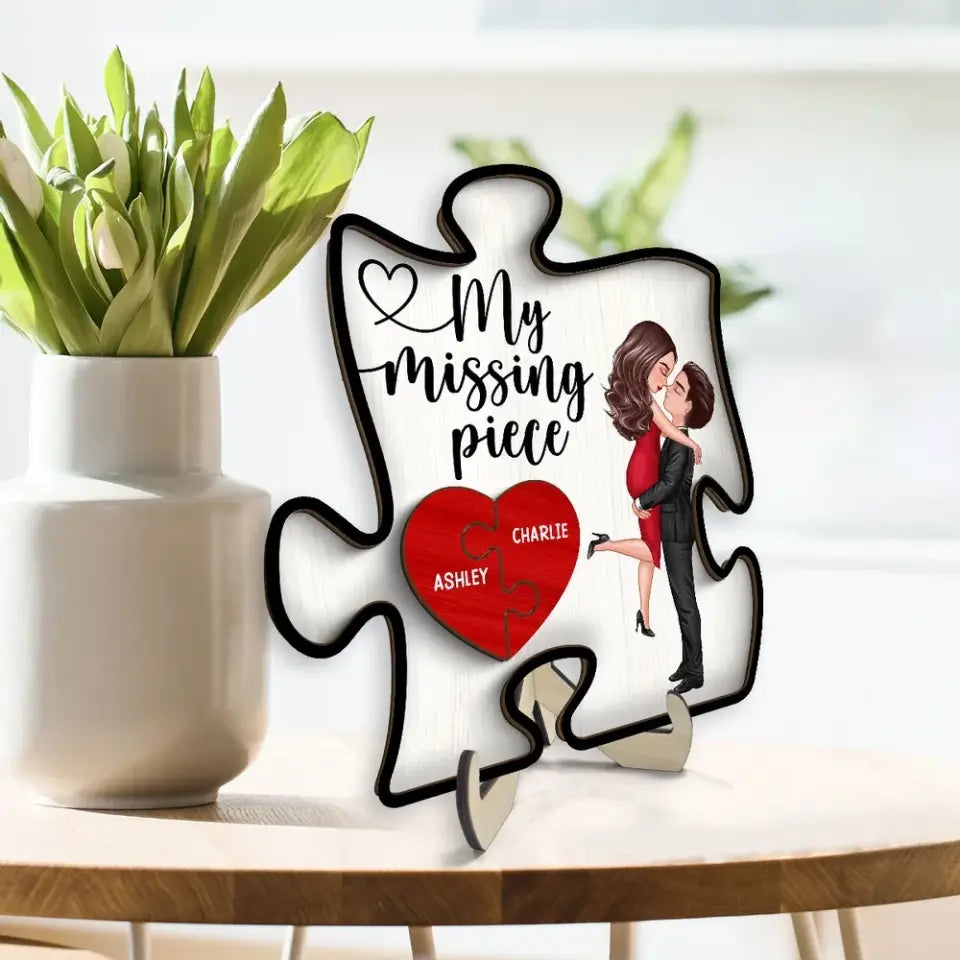 My Missing Piece Couple Hugging Kissing Valentine‘s Day Gift Puzzle Shaped Personalized 2-Layer Wooden Plaque